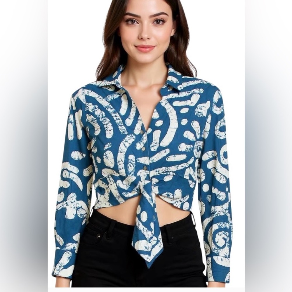 Haute Hippie Abstract Tie-Front Linen Blend Crop Top in Slate Blue/Cream size XL